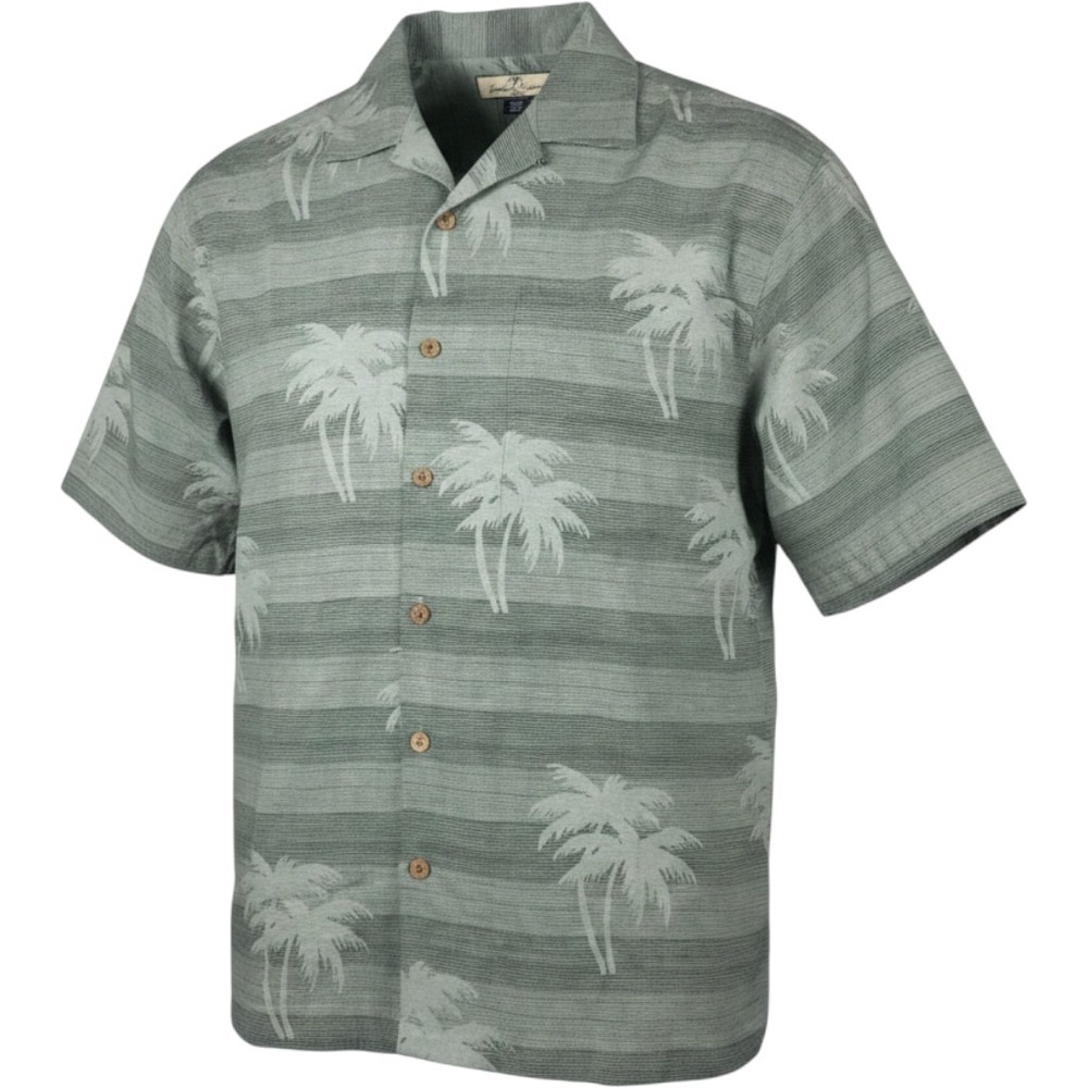 Tommy Bahama Mens M 100% Silk Palm Tree Stripe Camp Shirt Sage Green Gray